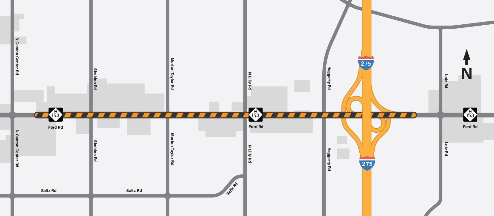 Map showing road construction and detour routes.